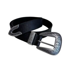 Urban Outfitters Black Belt with Intricate Silver Buckle
